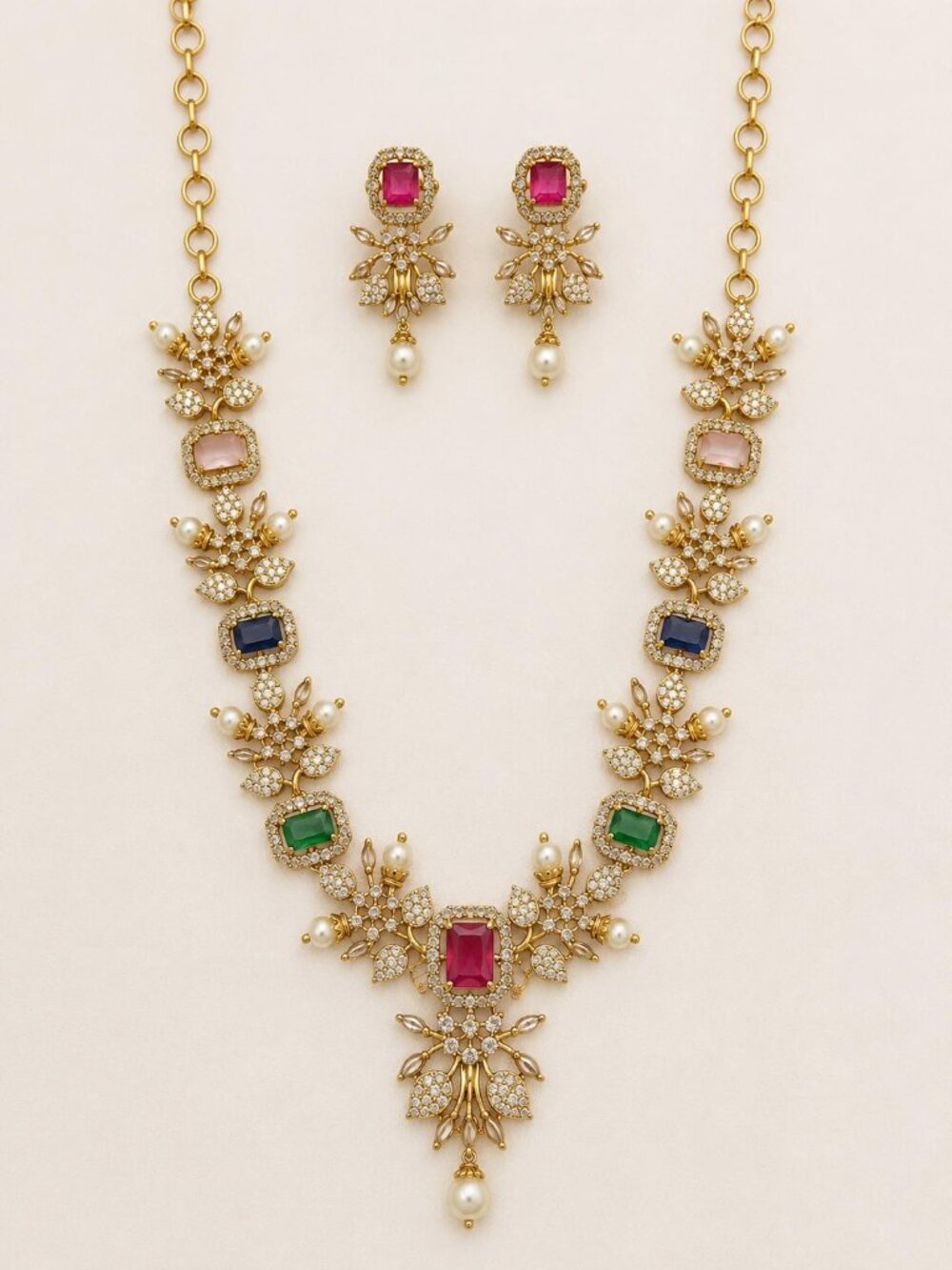 Royal Navratna Floral Necklace Set with Pearl Drops